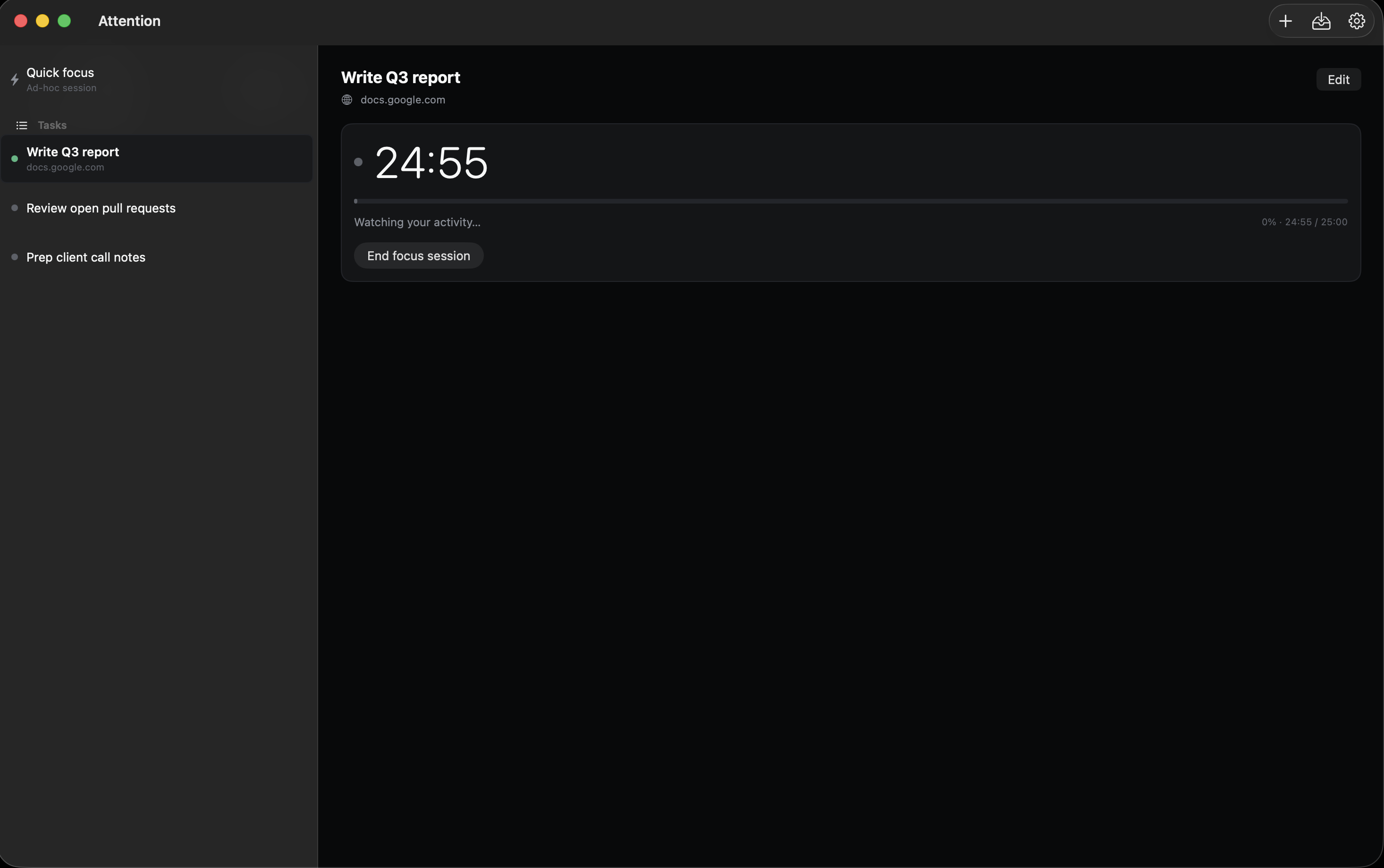 The Attention app running a live focus session for the task “Write Q3 report”, watching current activity
